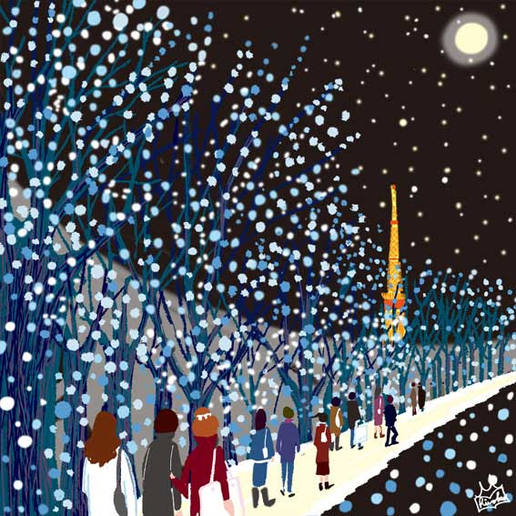 オリジナルイラスト 東京のクリスマス 風景イラスト 景色イラスト ドラマのある風景 イルミネーションイラスト 夜景イラスト 本山浩子のイラスト ファイル News