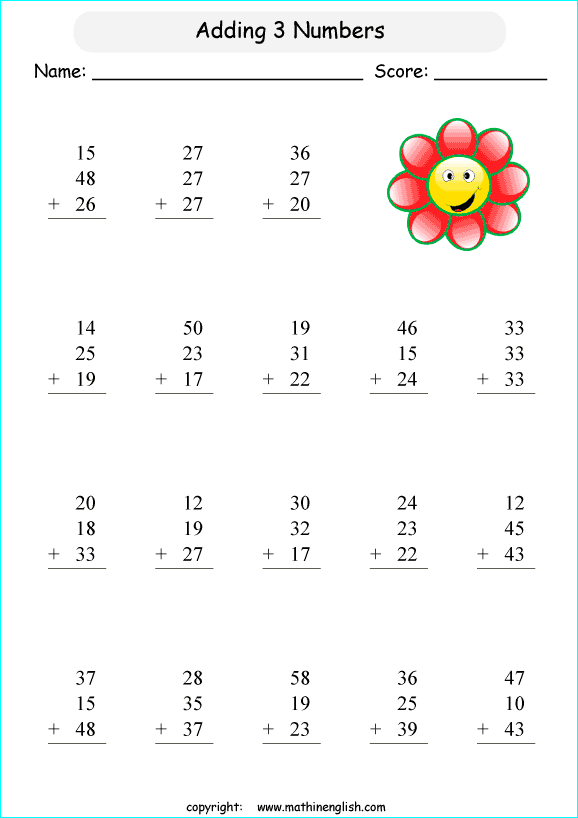 Adding 3 two digit numbers math worksheet for math students in math ...