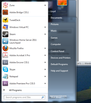 The Start menu, at its most basic.
