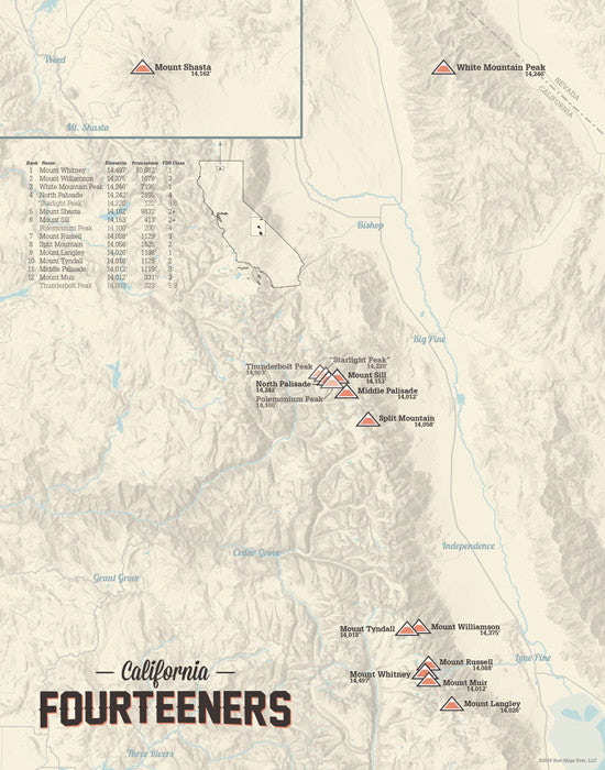 California 14ers Map 11x14 Print - Best Maps Ever