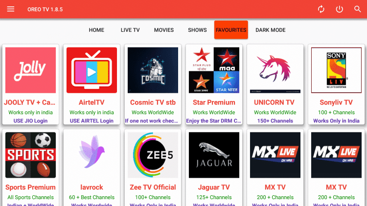 To access your Favorites, click the back button to return to the Oreo TV home screen. Then select Favourites.