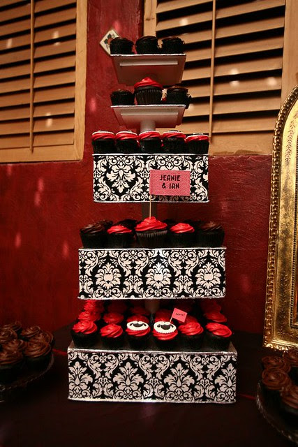 damask tower with dark red rosette cupcakes! 