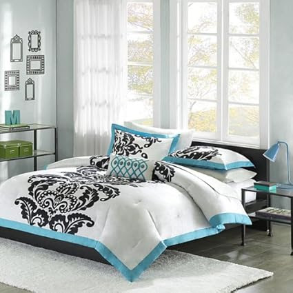 Tween Girls Teal & Black Comforter Set Three-Piece Bedding Twin Size