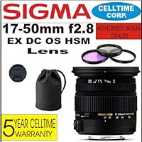 Sigma 17-50mm F2.8 EX DC OS HSM Zoom Lens for Canon Digital SLR Cameras + 3 Piece Filter Kit with Case + Lens Case + Celltime 5 Year Warranty