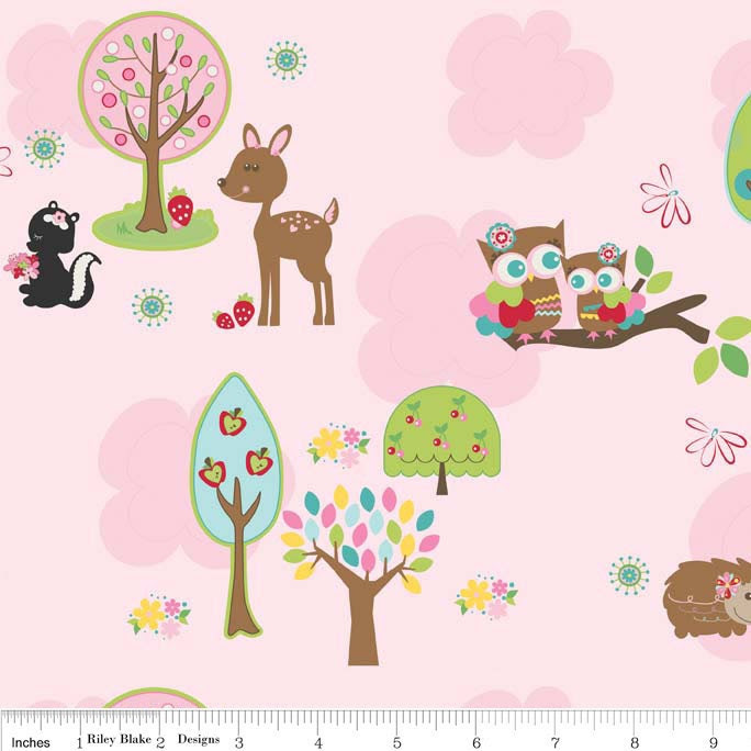 Hoo's in the Forest fabric by Doohikey Designs for Riley Blake Designs -- Pink Main -- Deer, Hedgehogs