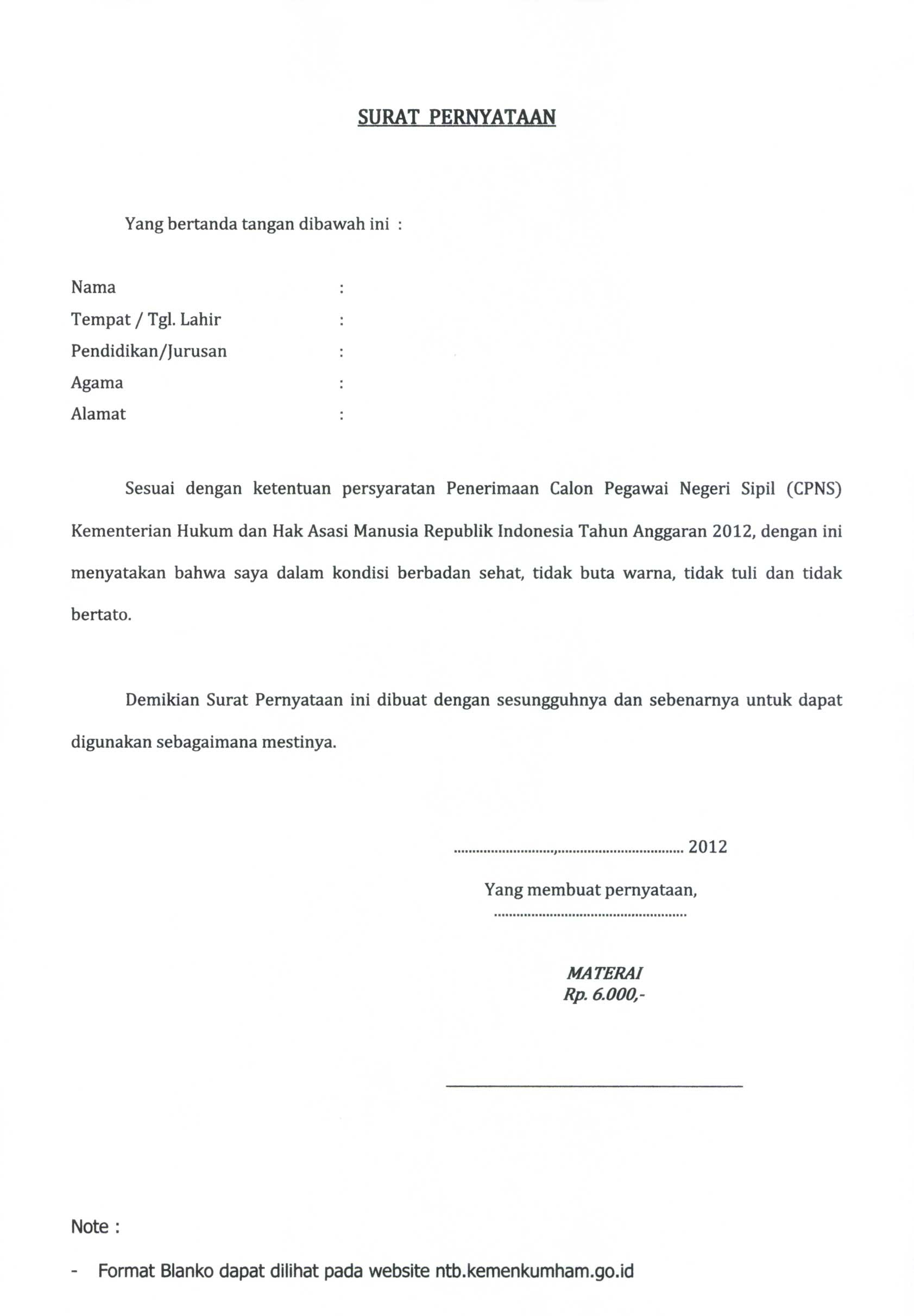 Contoh surat lamaran dan surat pernyataan cpns kemenkumham 