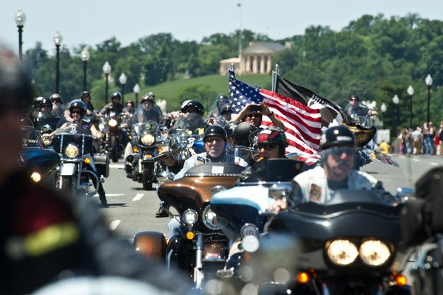 Members of the U.S. military veterans' Rolling Thunder bikers group parade in Washington as the country marks Memorial Day, May 26, 2013.