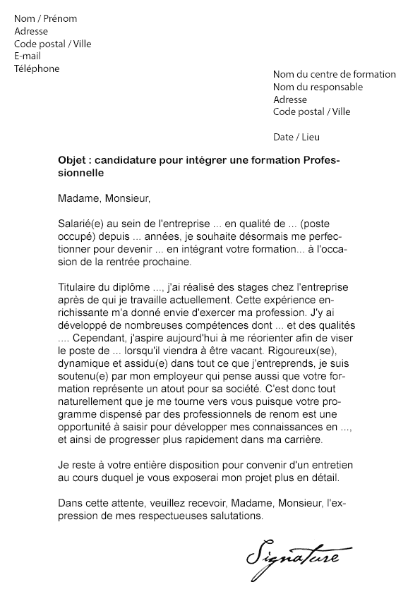 Lettre de motivation Formation Professionnelle - Modèle de 