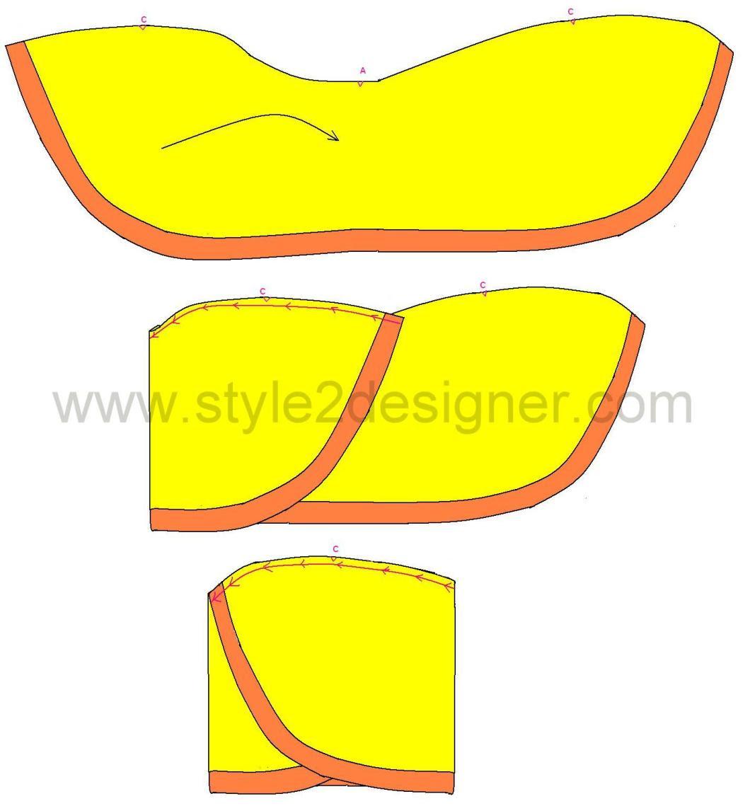 Finish hem lines with bias stripes. Sleeves are ready to fix with the dress, but in this method the sleeve can fix after finishing side seams of dress. The mark A mentioned in the above image is to be stitched at the underarm seam and the two marks of C have to be placed at the shoulder line. 