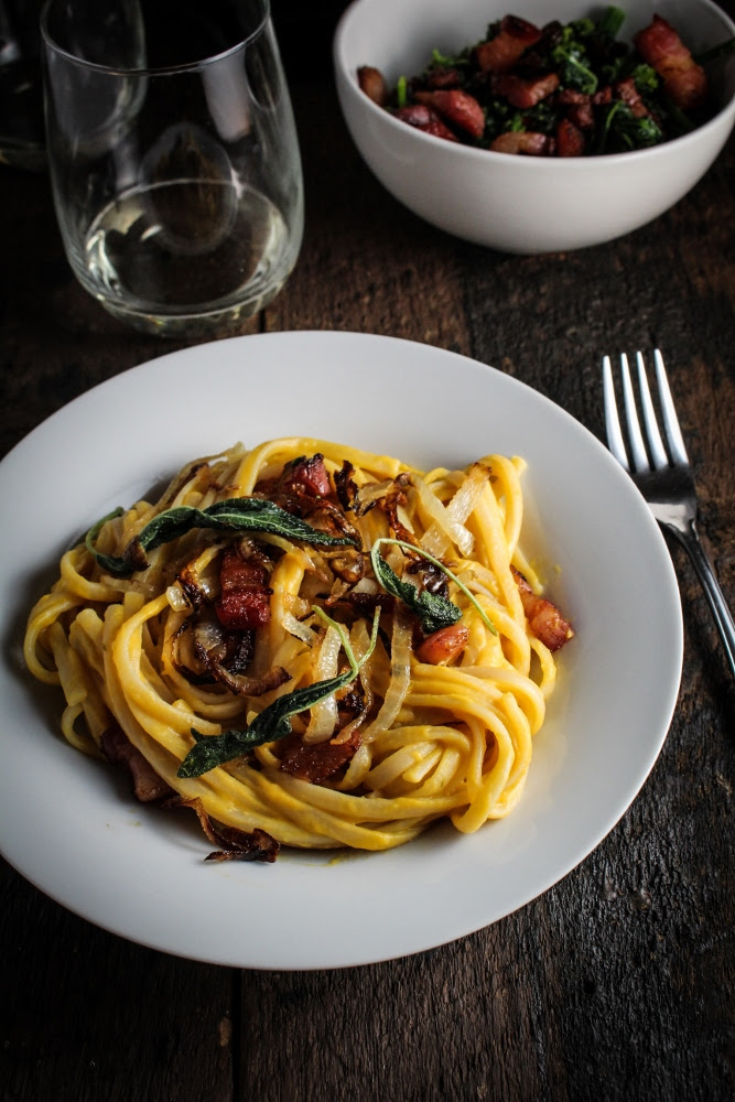 Butternut Squash Carbonara with Caramelized Onions and Fried Sage {Katie at the Kitchen Door}