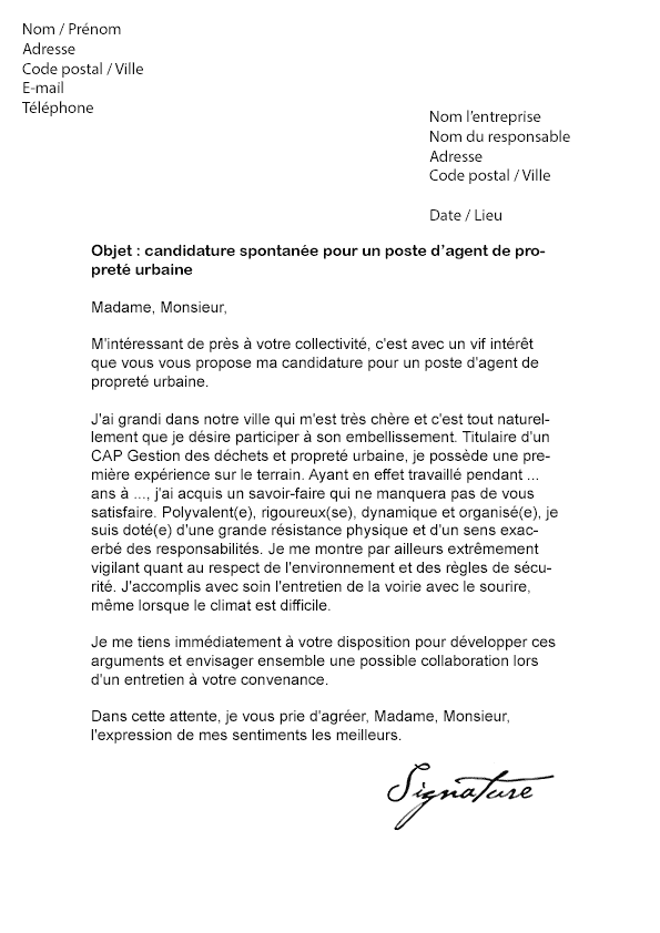 modele de lettre motivation agent d'entretien
