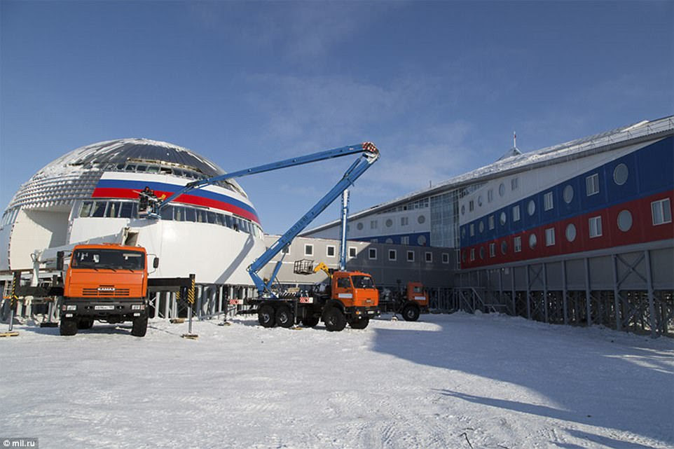 Pictures show the construction of the five-storey base, which has been installed in remote Alexandra Land in the Franz Josef Archipelago