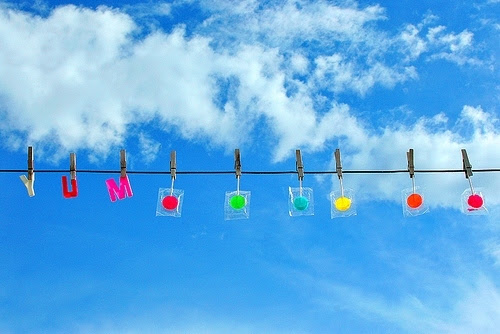 blue, bright colors, candy, cheerful, clothes line, colorful