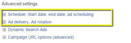 Advanced settings that are not an option with Standard campaign set-up.