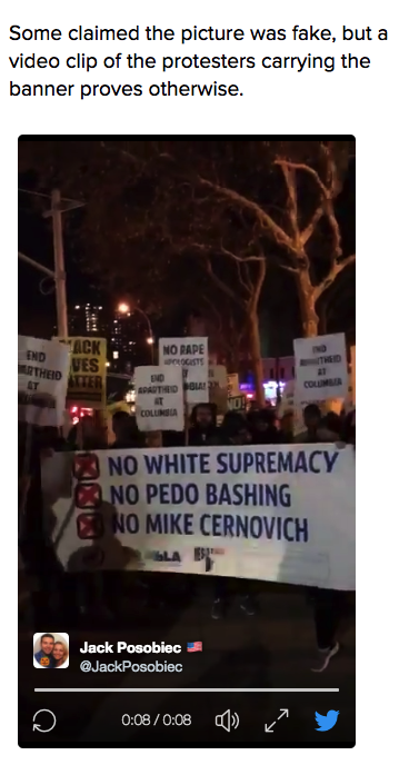 The post dismissed claims that the sign was planted. Although a longer video would show that protesters quickly put down the sign, InfoWars only included an eight-second version tweeted by Jack Posobiec.