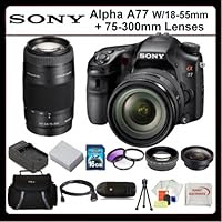 Sony Alpha A77 Kit Includes: Sony Alpha A77 Digital Camera with 18-55mm and 75-300mm Lenses, 2x Telephoto Lens, 0.45x Wide Angle Lens, 16GB SDHC Memory Card, Memory Card Reader, 3 Piece Filter Kit, Extended Life Battery, Rapid Travel Charger, HDMI Cable, LCD Screen Protectors, Table Top Tripod SSE Microfiber Cleaning Cloth and Soft Carrying Case