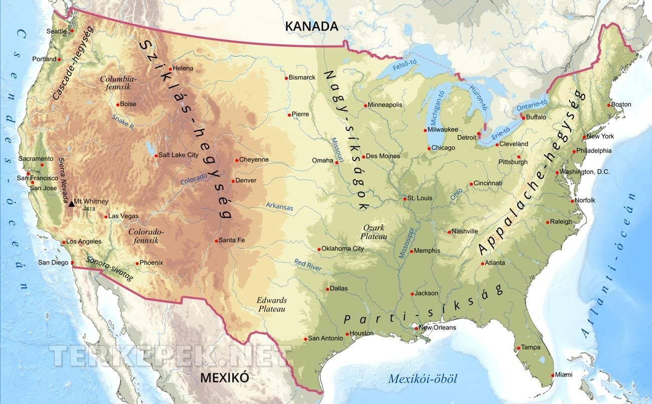 észak amerika államai térkép USA domborzati térképe