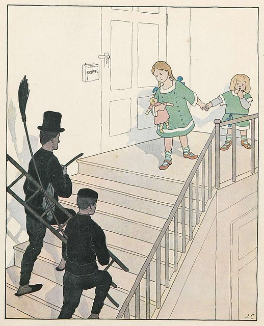 chimney sweeps climb stairs in house towards children on the landing
