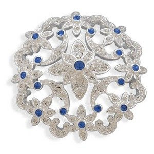 Floral Sapphire Blue Pin Brooch Accented with Swarovski Crystal Plated with Fine Silver