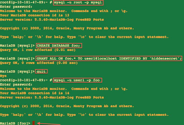 Fig.06: Creating users and database on the MariaDB server