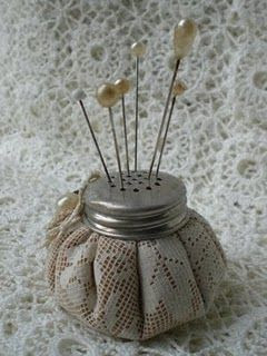 pin cushion using lid of old salt jar
