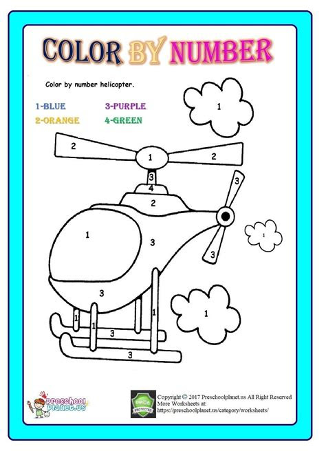 Three cheers for these preschool color by number worksheets! color by number helicopter worksheet ordering numbers activities