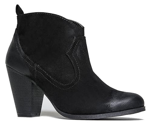Western Slip On Stacked Heel Bootie - Distressed Ankle Pull Cowboy Women's Boot