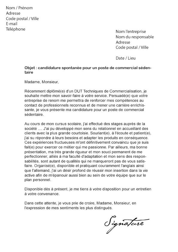Lettre de motivation Commercial Sédentaire - Modèle de Lettre