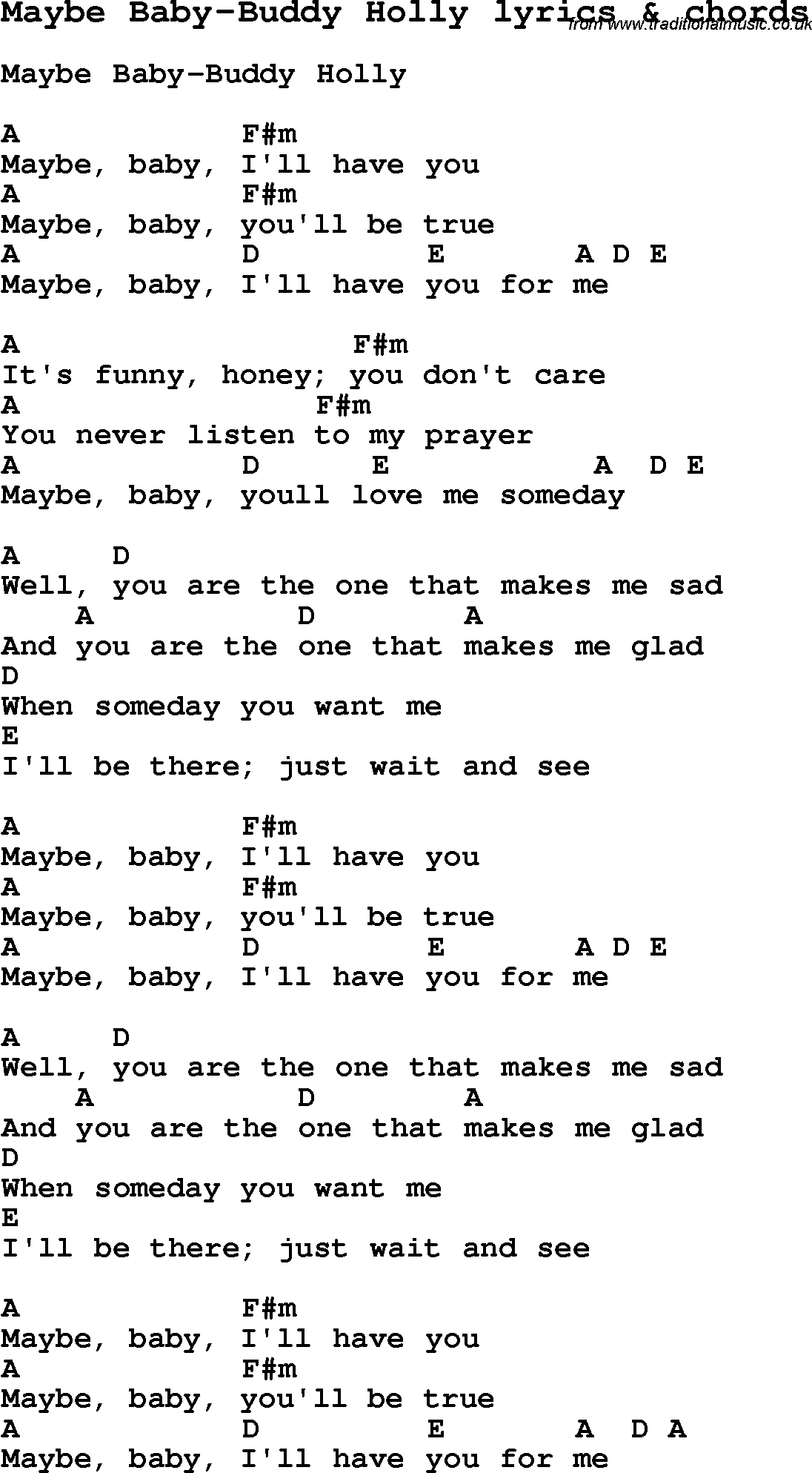 Love Song Lyrics For Maybe Baby Buddy Holly With Chords