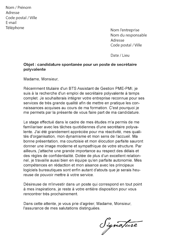 Lettre de motivation Secrétaire Polyvalente - Modèle de Lettre