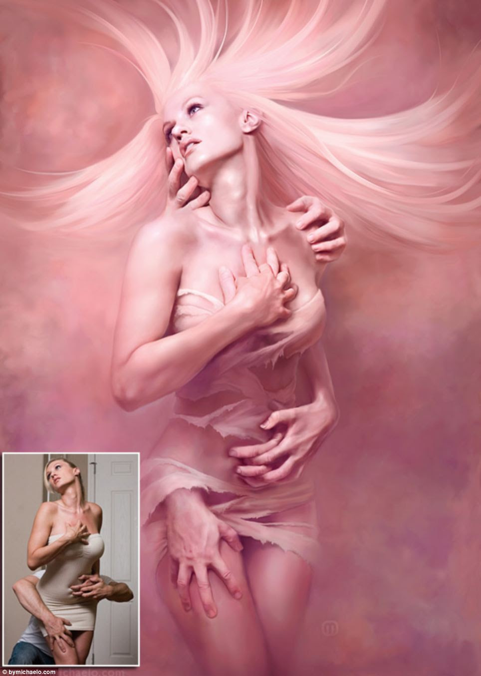 Hands full: Mr Oswald puts a lot of thought into the concepts, such as this digital artwork featuring Daniella Bae from California. He said: 'I consider the 'concept' to be the best part of my work 