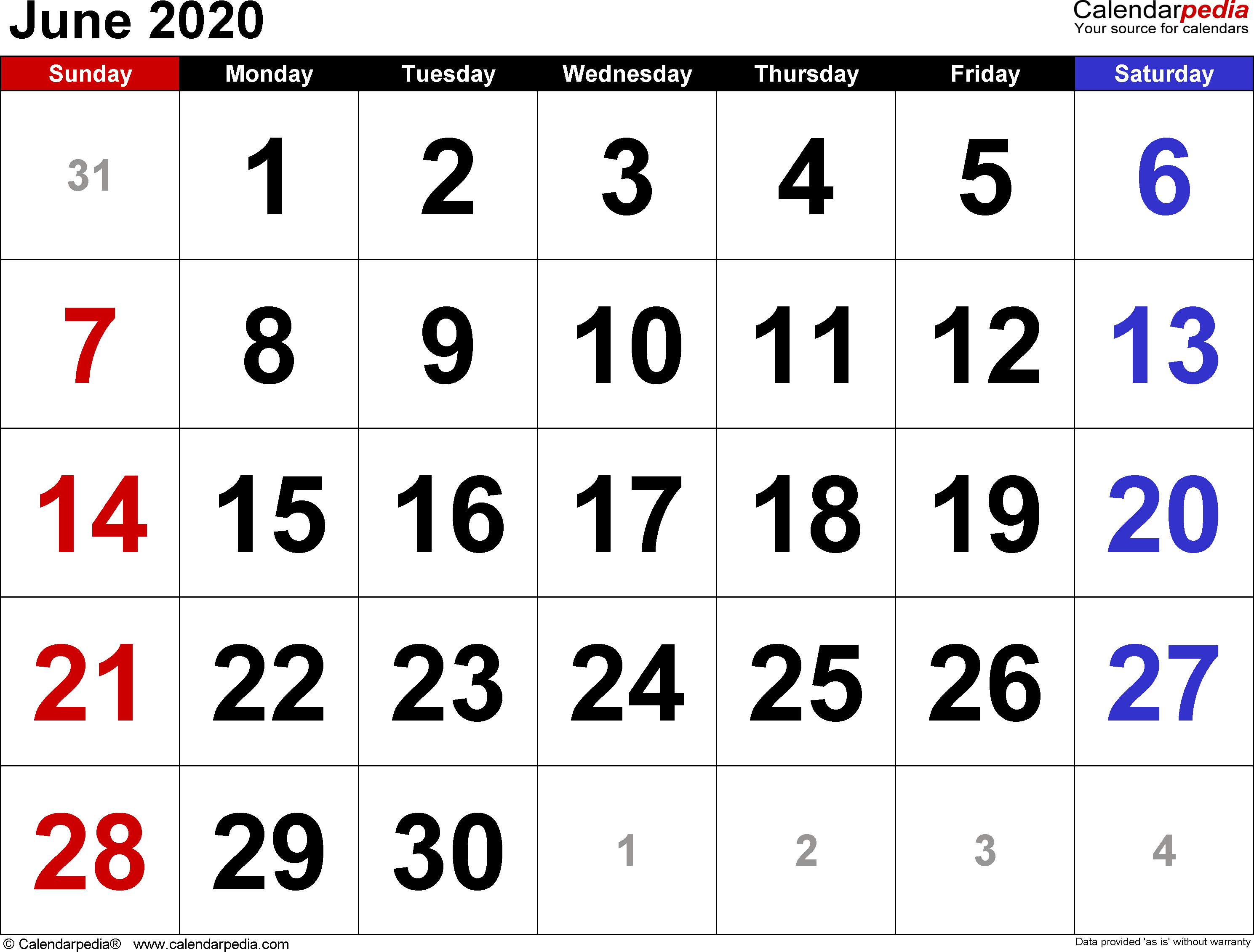 June 2020 - calendar templates for Word, Excel and PDF