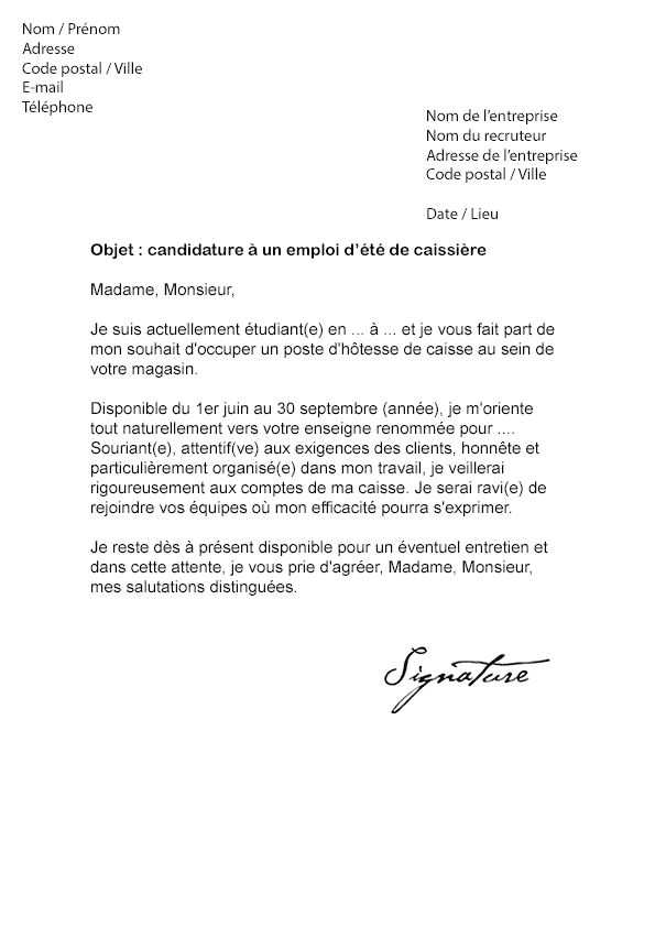 Lettre de motivation Job d'été Caissière - Modèle de Lettre