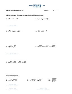 Worksheet: Radical Expressions - Simplify by Addition and Subtraction ...