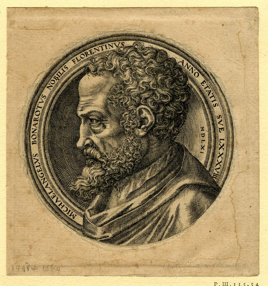 Portrait of Michelangelo, bust in profile to l; round plate  Engraving