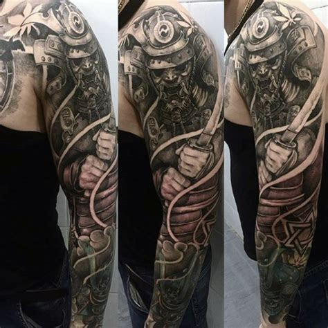 lifelike detailed colored sleeve tattoo  angry samurai