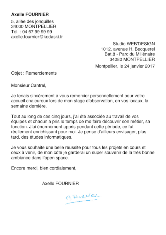 Ecrire une lettre de remerciement de stage