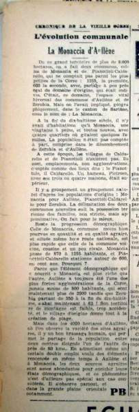 article sur le village de Monacia d'Aullène paru dans le journal 'Le petit Bastiais' en 1949