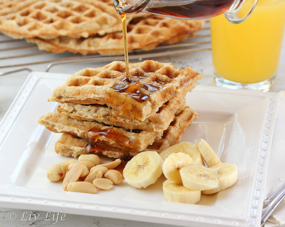 Peanut Butter Waffles, syrup, banana