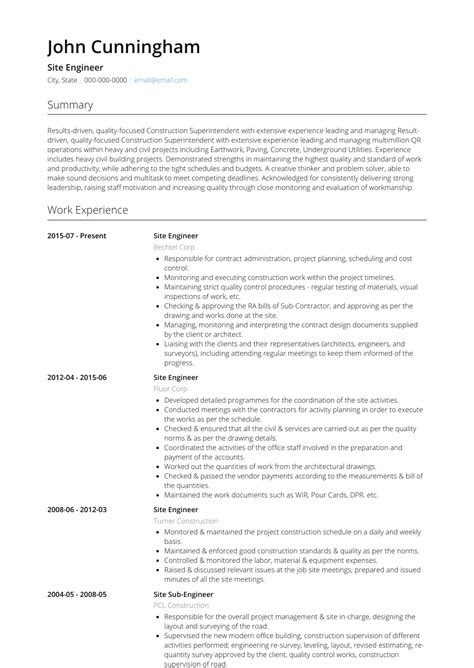 site engineer resume samples  templates visualcv