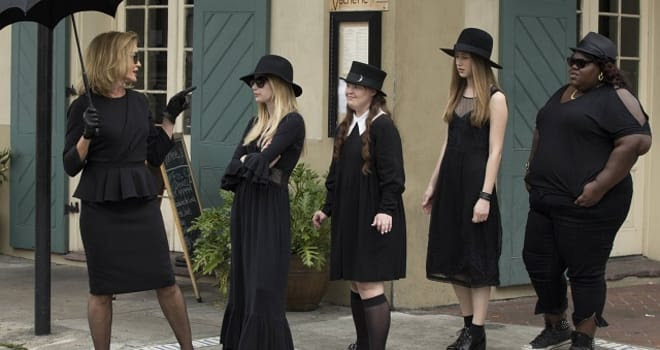 AMERICAN HORROR STORY: COVEN Bitchcraft - Episode 301 (Airs Wednesday, October 9, 10:00 PM e/p) --Pictured: (L-R): Jessica Lange as Fiona, Emma Roberts as Madison, Jamie Brewer as Nan, Taissa Farmiga as Zoe, Gabourey Sidibe as Queenie -- CR. Michele K. Short/FX
