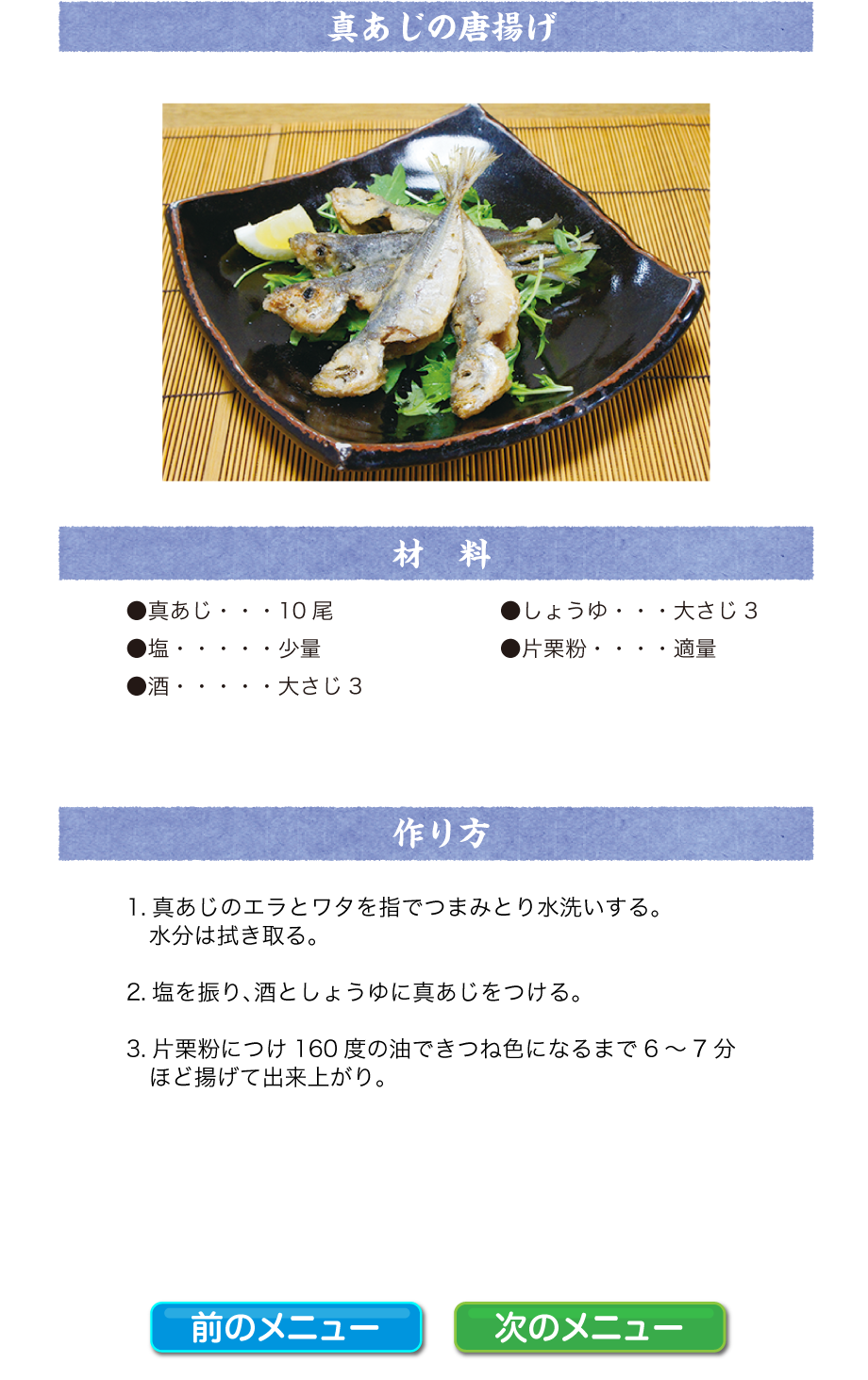 亀吉商店のおいしいお魚レシピ 真あじの唐揚げ