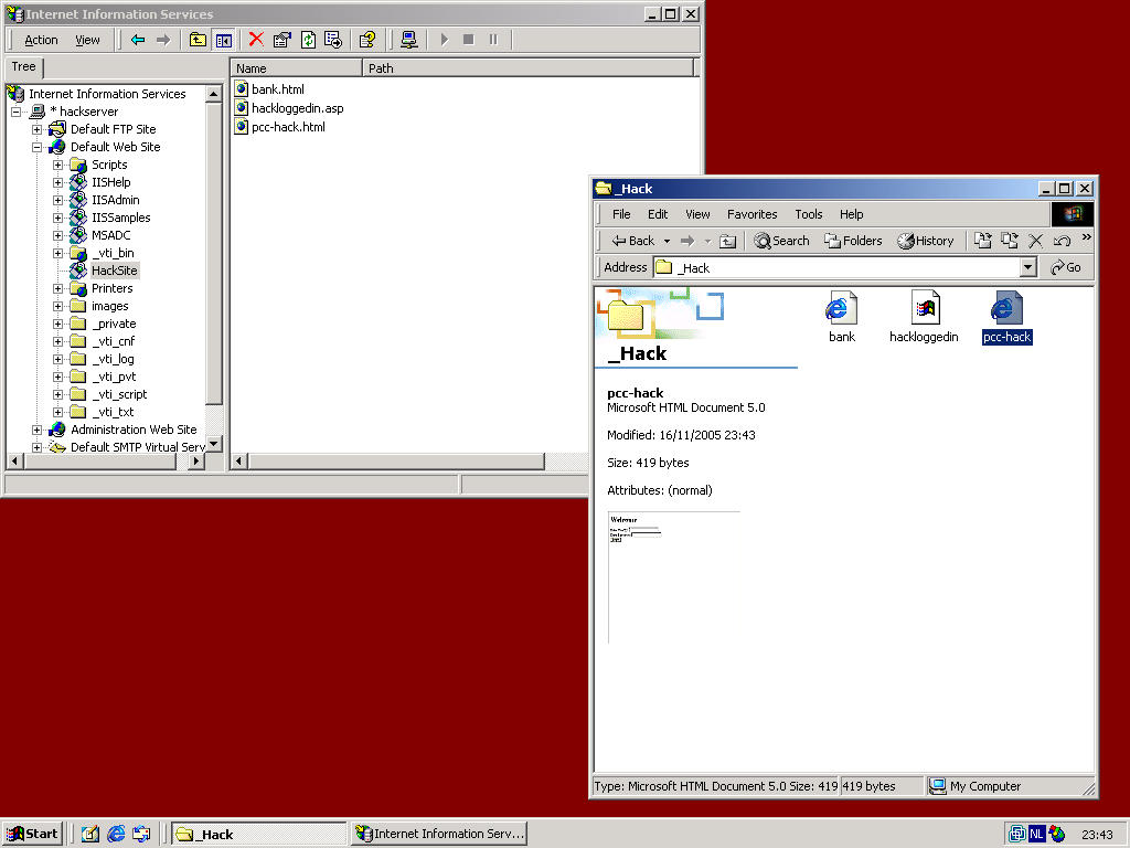 Screenshot of IIS Manager on the HackServer.