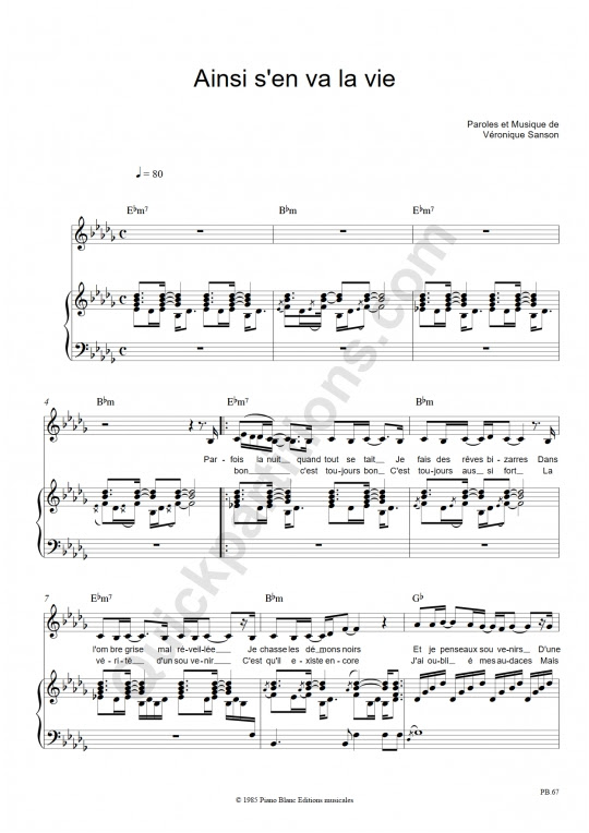 Partition Piano Ainsi S'en Va La Vie - VÃ©ronique Sanson