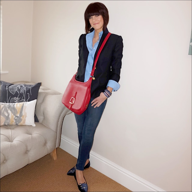 My Midlife Fashion, j crew regent blazer, french connection rebound skinny jeans, village england sway bag, j crew ruffle shirt, charlotte olympia kitty slippers