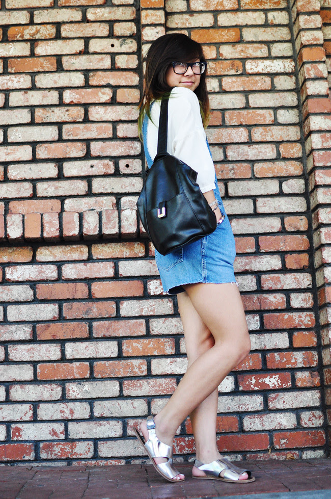 hrifted GAP overalls, gifted Brandy Melville white blouse, Marni for H&M sandals, thrifted one shoulder leather bag, Ray-Ban glasses, {arm party via H&M, Korea, F21, Urban Outfitter's bag strap} 