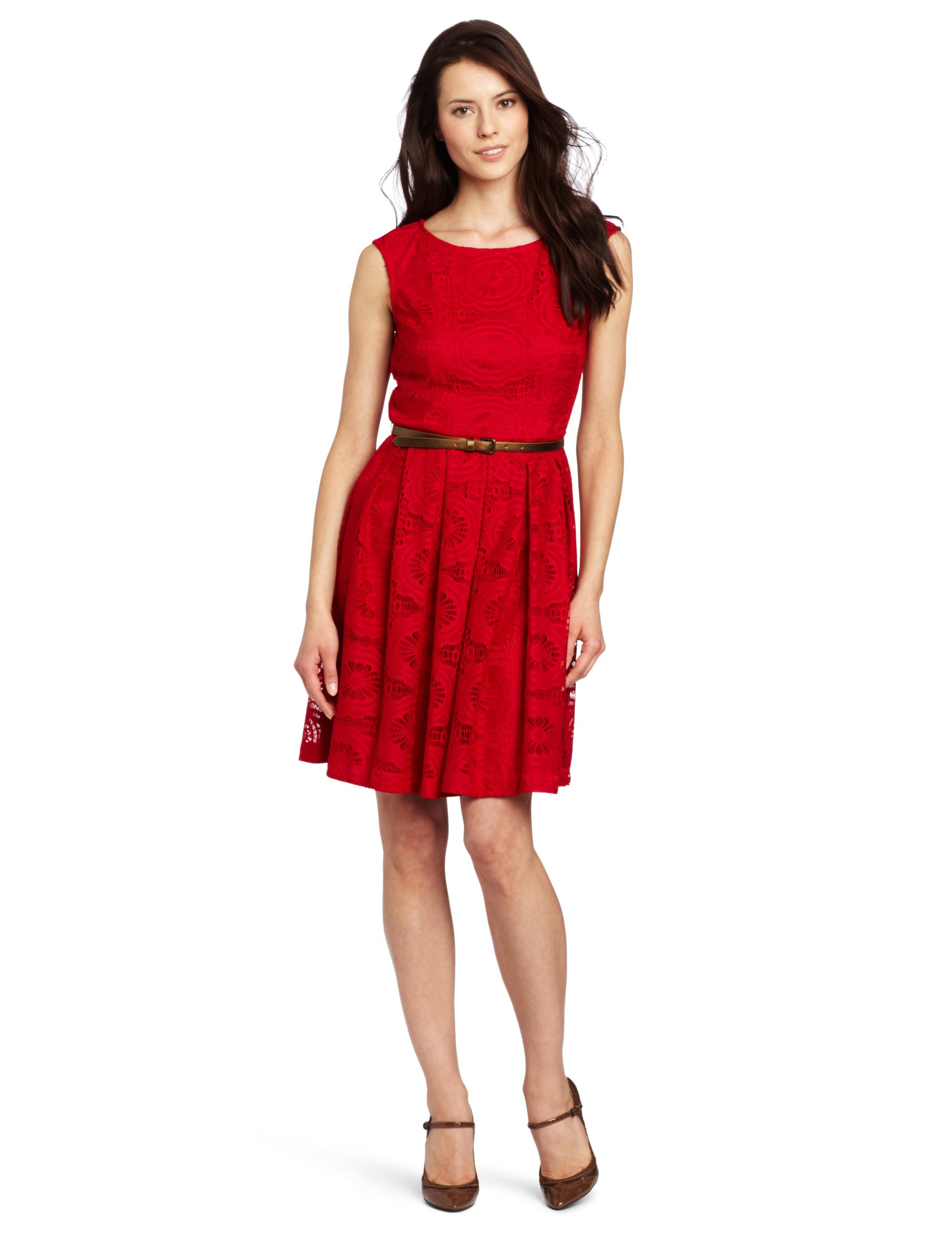 London Times Women's Belted Lace Sheath Dress