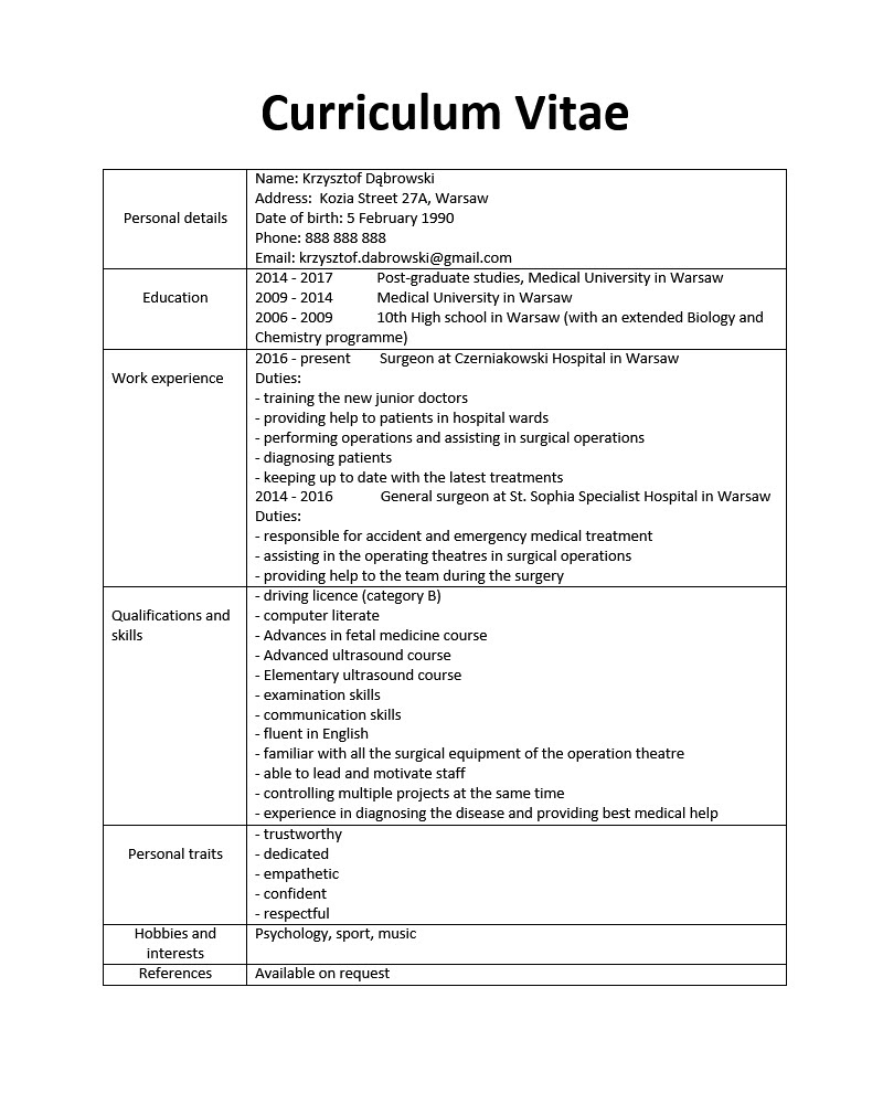 cv po angielsku wzor lekarz