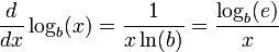 \frac{d}{dx} \log_b(x) = \frac{1}{x \ln(b)} = \frac{\log_b(e)}{x}