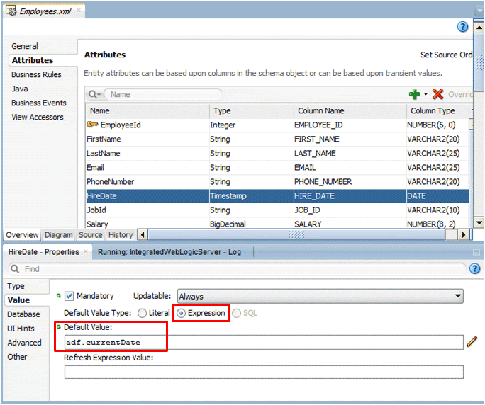 Employees.xml file with HireDate selected in Attributes tab. In PI Default Date field shows adf:currentDate highlighted in field.
